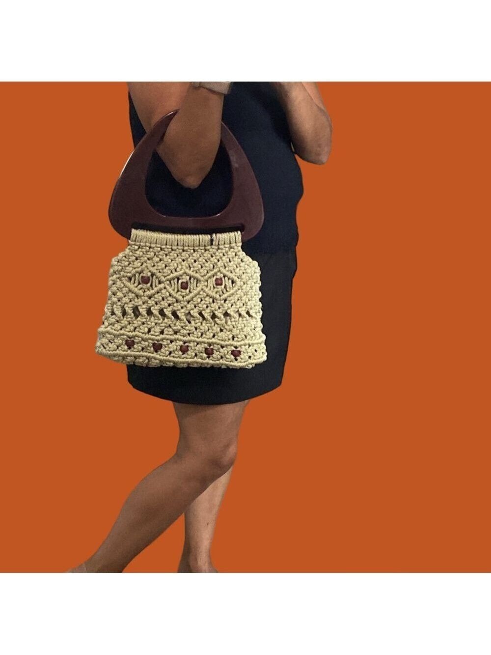 Women's Unbranded Beige Brown Macrame Mini Bag with acrylic handles One Size